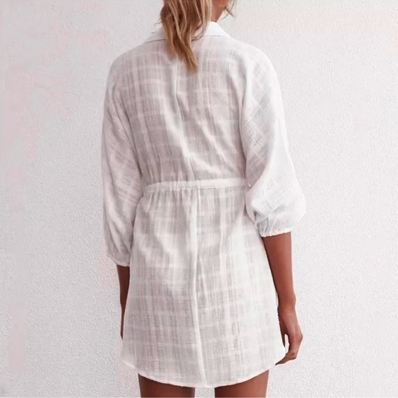Lena Vie | Sheer Cotton White Plaid Sexy Shirt Dress, Cover-up Sundress - Picture 7 of 15